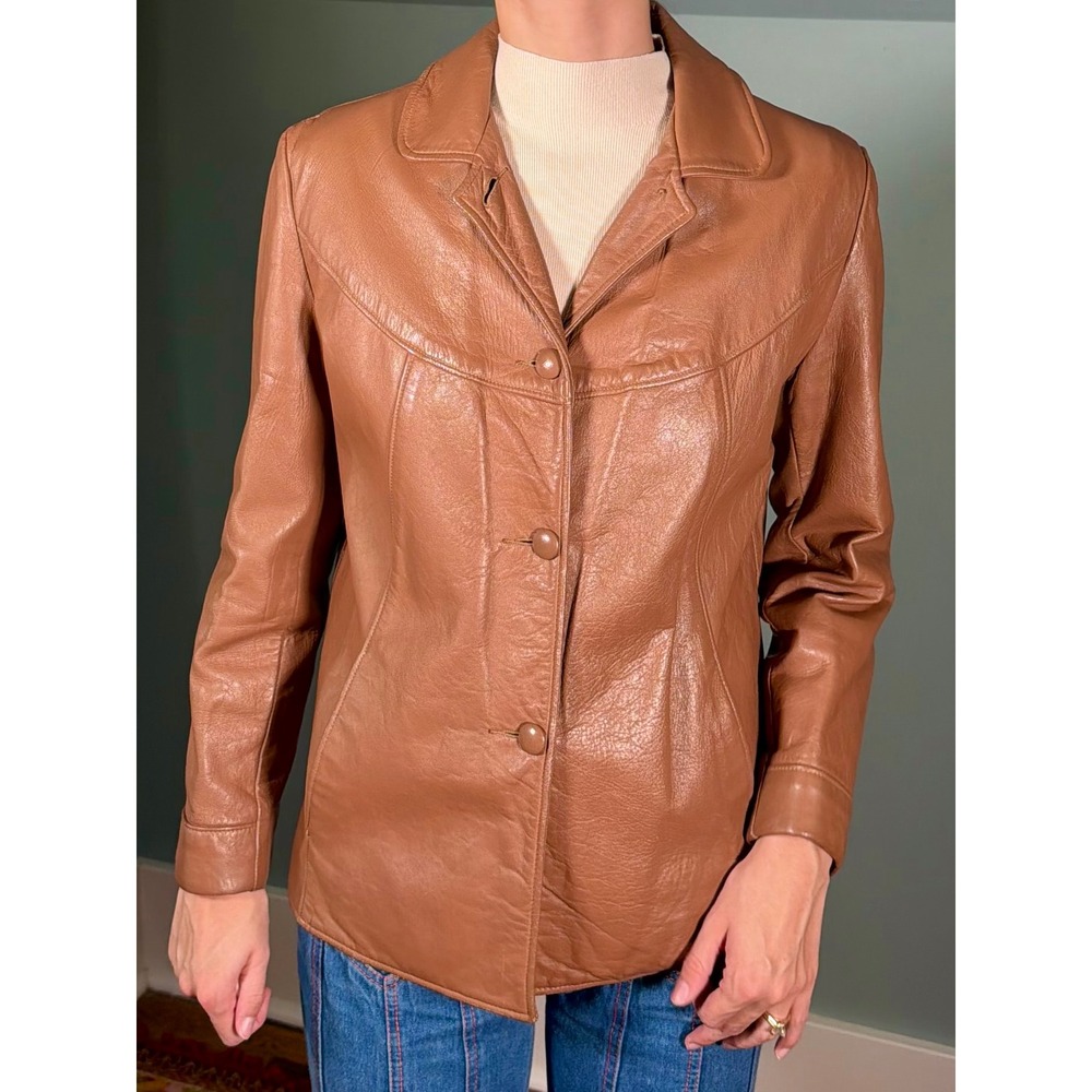 Vintage 1970s Leather Jacket Brown Blazer 70s Retro Coat Fall Hippie Medium